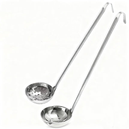 Two-piece set - Stainless steel soup ladle and sieve with hook - can be hung on the side of a pan - Soup ladle - Porridge spoon - Thickened household spoon - 25 cm.