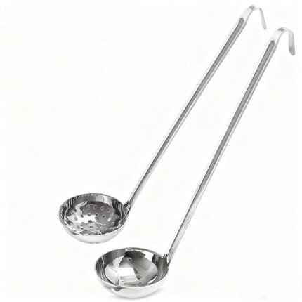Two-piece set - Stainless steel soup ladle and sieve with hook - can be hung on the side of a pan - Soup ladle - Porridge spoon - Thickened household spoon - 25 cm.
