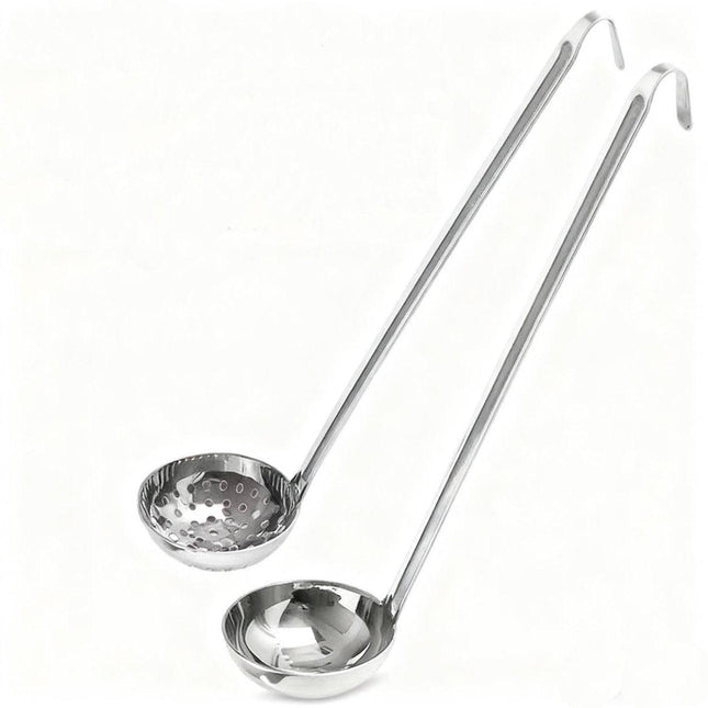 Two-piece set - Stainless steel soup ladle and sieve with hook - can be hung on the side of a pan - Soup ladle - Porridge spoon - Thickened household spoon - 25 cm.