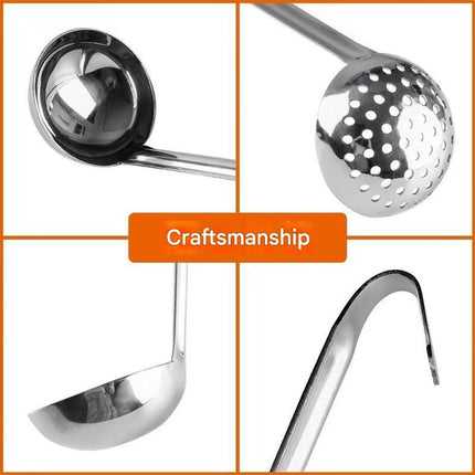 Two-piece set - Stainless steel soup ladle and sieve with hook - can be hung on the side of a pan - Soup ladle - Porridge spoon - Thickened household spoon - 25 cm.