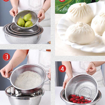 2-piece vegetable draining rack set made of stainless steel - with handles - drip tray on top - suitable for draining pasta, vegetables, fruit and rice - dishwasher safe - 2-piece set - diameters 22.5 cm and 19.5 cm.