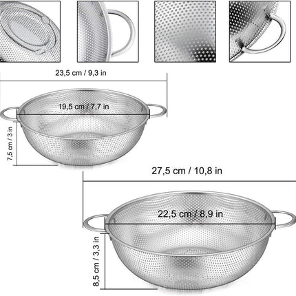 2-piece vegetable draining rack set made of stainless steel - with handles - drip tray on top - suitable for draining pasta, vegetables, fruit and rice - dishwasher safe - 2-piece set - diameters 22.5 cm and 19.5 cm.