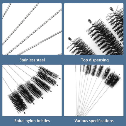 10-Piece Bottle Brush - Cleaning Brush Set - for pipes, keyboards, test tubes, kettle spouts, sinks, bottles and coffee makers.