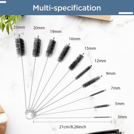 10-Piece Bottle Brush - Cleaning Brush Set - for pipes, keyboards, test tubes, kettle spouts, sinks, bottles and coffee makers.
