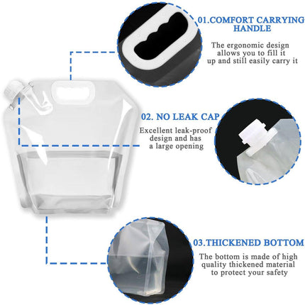 5L Collapsible Water Bag - Portable Water Container - Water Bottle - Kettle - 4-Pack Collapsible Water Jugs - Clear Plastic Water Bag with Handle for Camping, Emergencies, Hiking - Leak-Proof, Freezable Collapsible Water Container Bags.