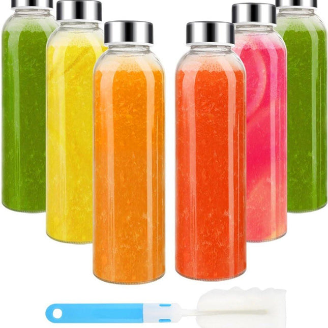 Glass Bottles - Set of 6 - 16oz Glass Juice Bottles for Drinking, Juicing & Tea Brewing with Lids - Leak-proof Set for Fridge Storage.