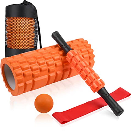 4 in 1 Foam Roller Set: Trigger Point Roller - Yoga Stick - Massage Ball - Fitness Stretching Band - Carrying Bag - Towel for Deep Muscle Massage - Pilates and Yoga.