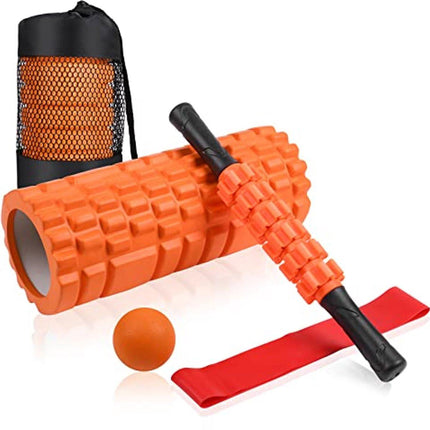 4 in 1 Foam Roller Set: Trigger Point Roller - Yoga Stick - Massage Ball - Fitness Stretching Band - Carrying Bag - Towel for Deep Muscle Massage - Pilates and Yoga.