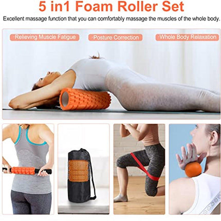 4 in 1 Foam Roller Set: Trigger Point Roller - Yoga Stick - Massage Ball - Fitness Stretching Band - Carrying Bag - Towel for Deep Muscle Massage - Pilates and Yoga.