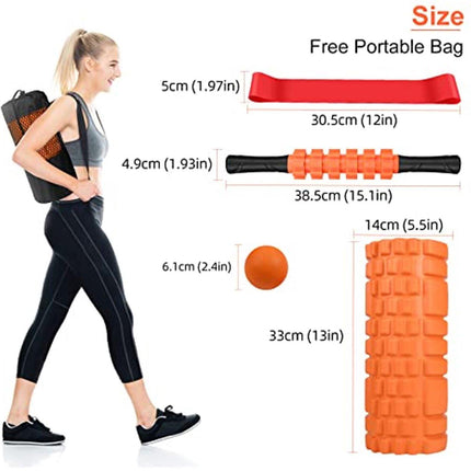 4 in 1 Foam Roller Set: Trigger Point Roller - Yoga Stick - Massage Ball - Fitness Stretching Band - Carrying Bag - Towel for Deep Muscle Massage - Pilates and Yoga.
