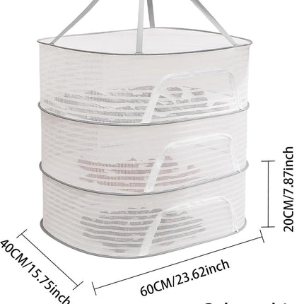 Clothes Drying Rack - Three-Tier Mesh Hanging Drying Rack - Foldable - Zippered - Suitable for drying plants, buds, fruits, flowers, vegetables, fabrics, etc..
