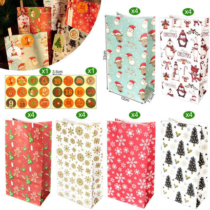Christmas wrapping paper - 24 pieces - Christmas gift bags, Christmas stickers, Advent calendars, paper bags and wrapping bags - Christmas gift bags - Christmas candy bags.