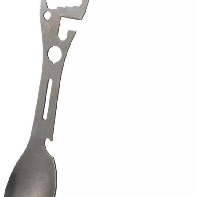 Stainless Steel Spoon and Fork - 10-in-1 Multi-Tool - Works as a combination spoon, fork, knife, bottle opener, and wrench - ideal for picnics, travel, backpacking, hiking, and fishing - Silver.