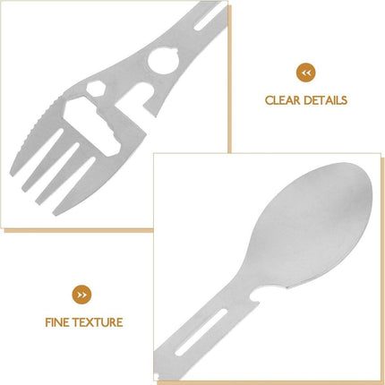Stainless Steel Spoon and Fork - 10-in-1 Multi-Tool - Works as a combination spoon, fork, knife, bottle opener, and wrench - ideal for picnics, travel, backpacking, hiking, and fishing - Silver.