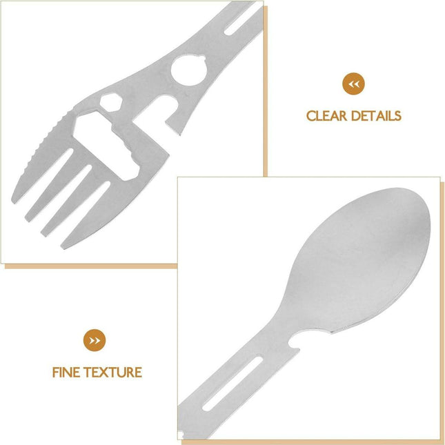 Stainless Steel Spoon and Fork - 10-in-1 Multi-Tool - Works as a combination spoon, fork, knife, bottle opener, and wrench - ideal for picnics, travel, backpacking, hiking, and fishing - Silver.