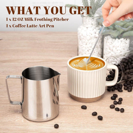 Milk Frothing Cup - 350ml Milk Frothing Cup - Clear Markings - Cappuccino Espresso Machine Accessory Made of Stainless Steel 304 - Suitable for Barista Coffee Shops - With Latte Art Pen - Silver.