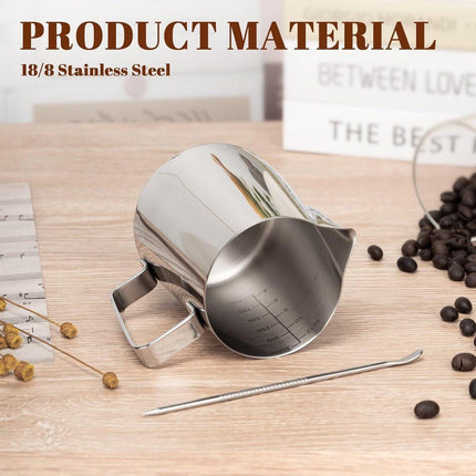 Milk Frothing Cup - 350ml Milk Frothing Cup - Clear Markings - Cappuccino Espresso Machine Accessory Made of Stainless Steel 304 - Suitable for Barista Coffee Shops - With Latte Art Pen - Silver.
