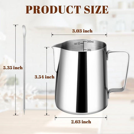 Milk Frothing Cup - 350ml Milk Frothing Cup - Clear Markings - Cappuccino Espresso Machine Accessory Made of Stainless Steel 304 - Suitable for Barista Coffee Shops - With Latte Art Pen - Silver.