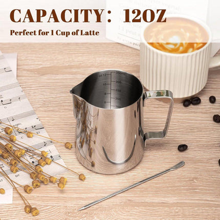Milk Frothing Cup - 350ml Milk Frothing Cup - Clear Markings - Cappuccino Espresso Machine Accessory Made of Stainless Steel 304 - Suitable for Barista Coffee Shops - With Latte Art Pen - Silver.