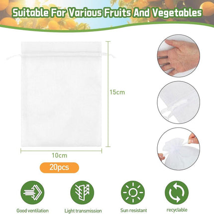 Garden Tools - 20 Items - Fruit Protection Bags - White Fruit Protection Bags with Drawstring - Garden Net Bags - Suitable for Grapes - Prevent Wasps, Cherry Vinegar Flies and Other Insects from Eating Them.