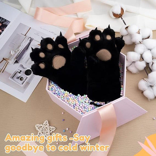 Gloves - 1 pair - Winter gloves - Cartoon gloves - Neckband - Children's gloves - Warm gloves - Plush gloves - One size（Black）.