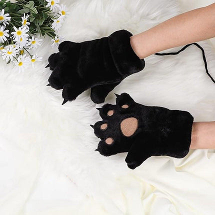 Gloves - 1 pair - Winter gloves - Cartoon gloves - Neckband - Children's gloves - Warm gloves - Plush gloves - One size（Black）.