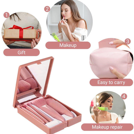 Makeup Brush Set - 5-Pack - Portable - Travel Makeup Brush Set with Mirror Case - Professional Foundation Brush, Eyeshadow Brush, and Blending Brush for Women - Lotus Pink.