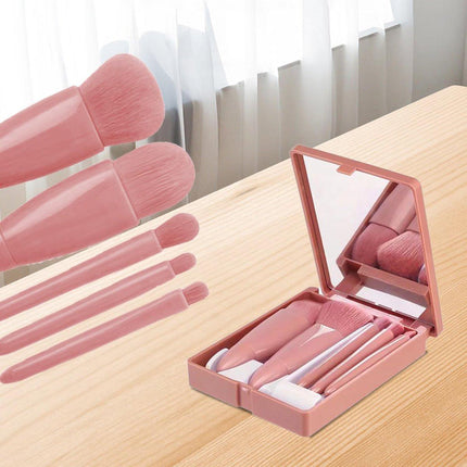 Makeup Brush Set - 5-Pack - Portable - Travel Makeup Brush Set with Mirror Case - Professional Foundation Brush, Eyeshadow Brush, and Blending Brush for Women - Lotus Pink.