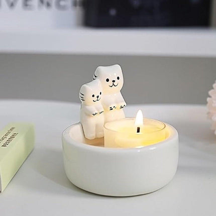 Candle Holder - 1 Piece Cartoon Cat Candle Holder - White Handmade Ceramic Candle Holder - Tea Candle Holder - Decorative Candle Holder - A Gift for Spending Warm Moments with Your Loved One - A Gift for Your Lover or Friend.
