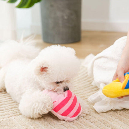 Dog Toys - Dog Cuddly Toy - Slipper Shape - Interactive - Dog Toy - Pink Stripes.