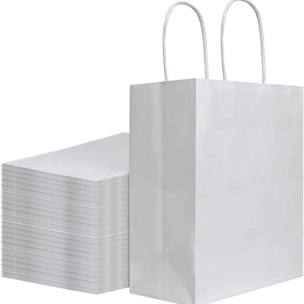 Pack of 20 - Size 21*11*27cm, Medium White Kraft Paper Bags with Handles - Gift Bags, Craft Bags, Shopping Bags, Shopping Bags, Birthday Gift Bags, Wedding Bags, Business Bags.