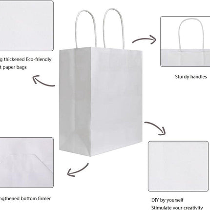 Pack of 20 - Size 21*11*27cm, Medium White Kraft Paper Bags with Handles - Gift Bags, Craft Bags, Shopping Bags, Shopping Bags, Birthday Gift Bags, Wedding Bags, Business Bags.