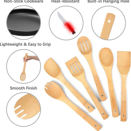 cookware set - 6-piece bamboo spatula and spoon set - Suitable for cooking - Wooden cookware.