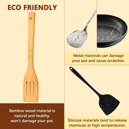 cookware set - 6-piece bamboo spatula and spoon set - Suitable for cooking - Wooden cookware.