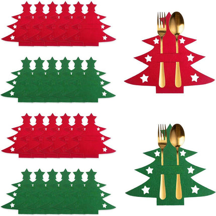 Christmas Tree Cutlery Organizer - 24-Piece Pack - Silver Cutlery Organizer Bag - Cutlery Case - Christmas Tree Pattern Felt Cutlery Case - Christmas Holiday Party Table Decoration.