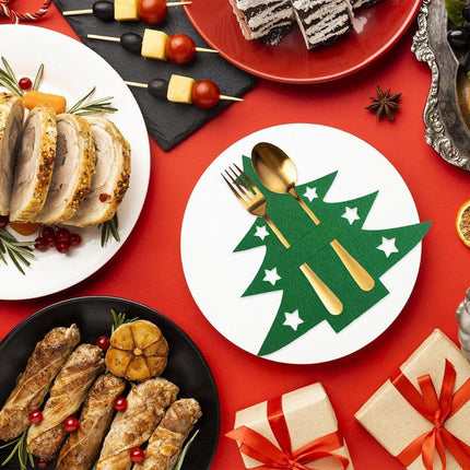 Christmas Tree Cutlery Organizer - 24-Piece Pack - Silver Cutlery Organizer Bag - Cutlery Case - Christmas Tree Pattern Felt Cutlery Case - Christmas Holiday Party Table Decoration.