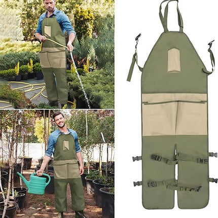 One-Piece Garden Apron - Men's Apron - Harvest Apron with Pockets - Waterproof - Adjustable, Knee-Reinforced - Suitable for Mowing and Grass Trimming (Green + Khaki).