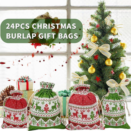 Christmas linen gift bags - 24 pieces - 13x18cm - Christmas decoration for indoors - Reusable - Christmas candy bags with drawstring - Suitable for gift bags for children's parties during the Christmas holidays.