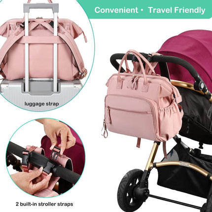 Convertible Diaper Bag - Wide Opening - 14 Pockets - Stylish - Baby Changing Bag - with Stroller Buckle - Diaper Bag - Waterproof (Pink).