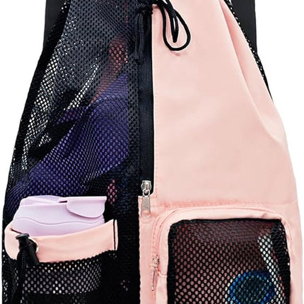 Backpack - Sports Bag - Travel Bag - Training Bag - Swimming Bag - 30*15*45cm - Mesh Material - Drawstring Design - Side Storage Space - Unisex - Suitable for Fitness, Swimming, Travel, Dancing, Camping（Pink）.