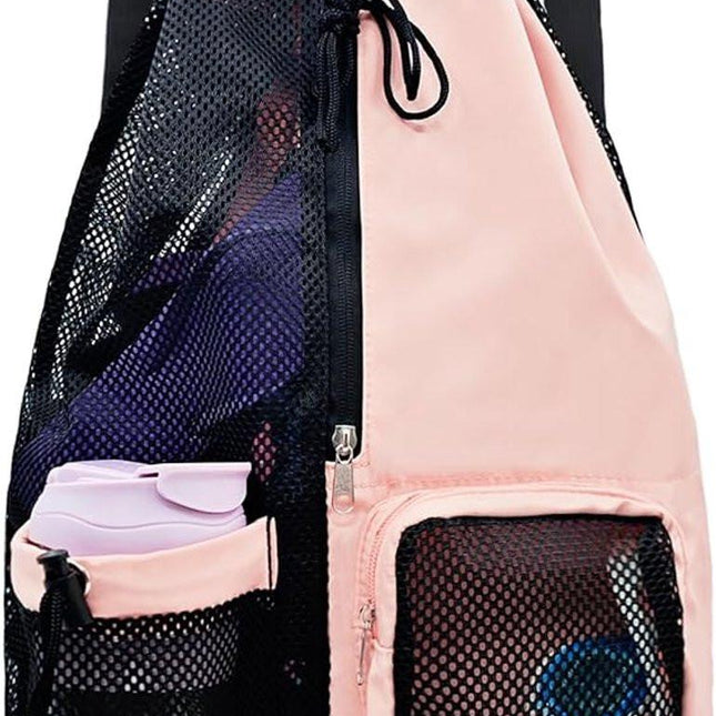 Backpack - Sports Bag - Travel Bag - Training Bag - Swimming Bag - 30*15*45cm - Mesh Material - Drawstring Design - Side Storage Space - Unisex - Suitable for Fitness, Swimming, Travel, Dancing, Camping（Pink）.
