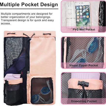 Backpack - Sports Bag - Travel Bag - Training Bag - Swimming Bag - 30*15*45cm - Mesh Material - Drawstring Design - Side Storage Space - Unisex - Suitable for Fitness, Swimming, Travel, Dancing, Camping（Pink）.