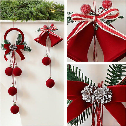 Christmas Bells - Decorative Pendant - Christmas Bells with Flock Print - Christmas Tree Decoration Display - Hanging Ornaments - 2 Pieces.