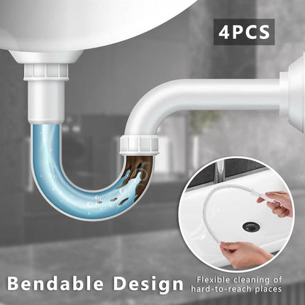 4-piece sink cleaning brush set - Drain brush - 45 cm - Flexible sink cleaning brush - Drain tool - Drain spring - Suitable for kitchen and bathroom drains and overflow pipes.