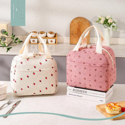 Lunch Bag - Corduroy - Lunch Box for Students/Work - Insulated Bag - Waterproof - Portable Handle - Cute Lunch Bag - Pink.