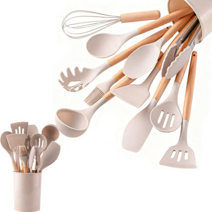 Set of 12 Silicone Kitchen Utensils with Wooden Handle - Storage Bucket - Non-Stick Pan & Kitchen Utensils - Cooking Spatula and Spoon Set.