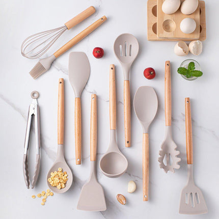 Set of 12 Silicone Kitchen Utensils with Wooden Handle - Storage Bucket - Non-Stick Pan & Kitchen Utensils - Cooking Spatula and Spoon Set.