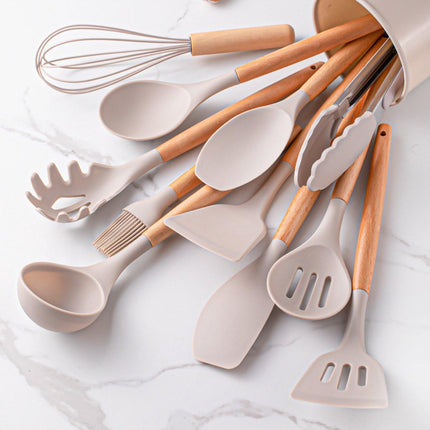 Set of 12 Silicone Kitchen Utensils with Wooden Handle - Storage Bucket - Non-Stick Pan & Kitchen Utensils - Cooking Spatula and Spoon Set.