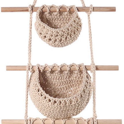 Three-Tier Hanging Fruit and Vegetable Basket - Removable Wall Rack - Hand-Woven Beige Wall Basket - Multifunctional Kitchen Storage Rack - Fruit and Vegetable Storage - Bohemian Home Decor.