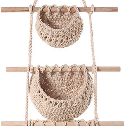 Three-Tier Hanging Fruit and Vegetable Basket - Removable Wall Rack - Hand-Woven Beige Wall Basket - Multifunctional Kitchen Storage Rack - Fruit and Vegetable Storage - Bohemian Home Decor.